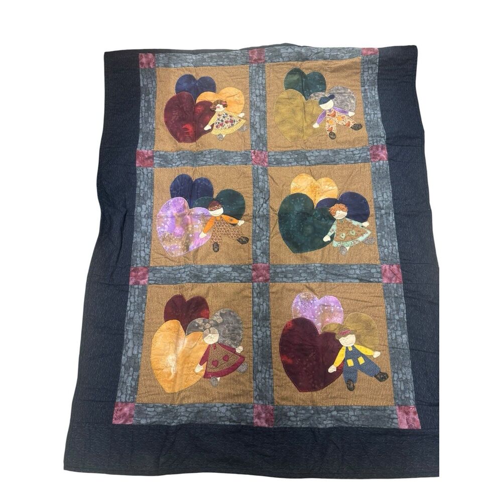 Vintage Handmade Boy/Girl Heart Applique Quilt Wall Decor Throw Blanket country